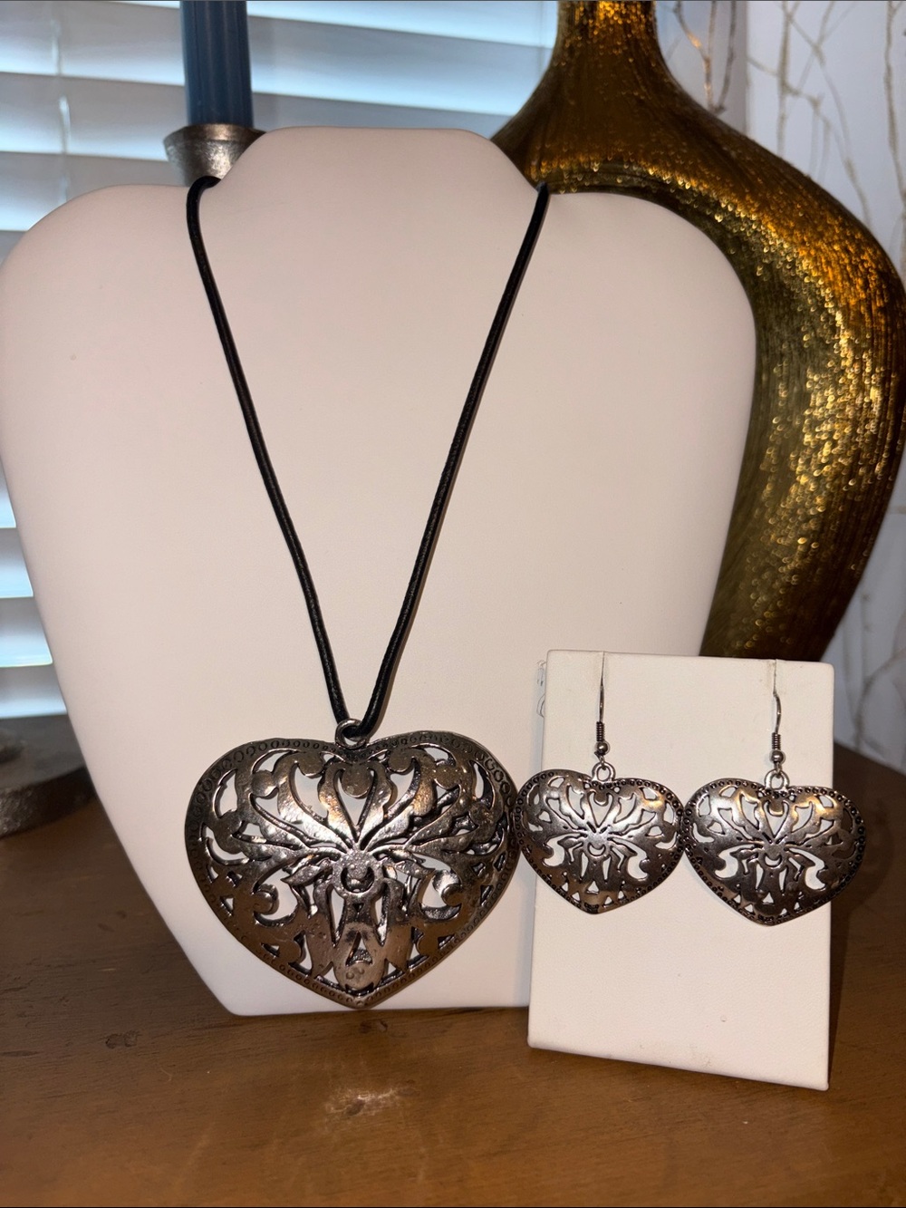 Sterling Silver Heart Filigree Necklace and Earrings Set - Women's Jewelry